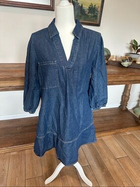 Denim Long Sleeve Tunic Dress - Blue